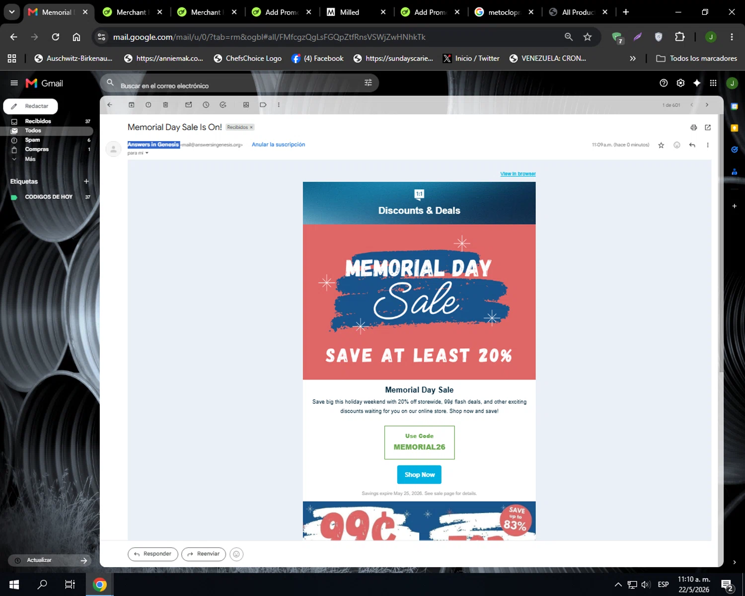 Answers in Genesis promo code screenshot showing code MEMORIAL26 applied at Answers in Genesis checkout page. Uploaded by SimplyCodes community member Codehunter on May 22, 2026