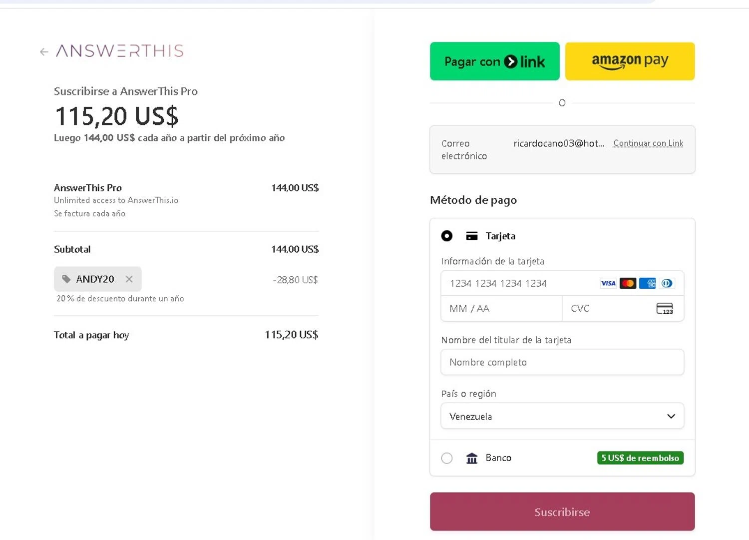 AnswerThis promo code screenshot showing code ANDY20 applied at AnswerThis checkout page. Uploaded by SimplyCodes community member LAMINEJAMAL on Jan 8, 2026