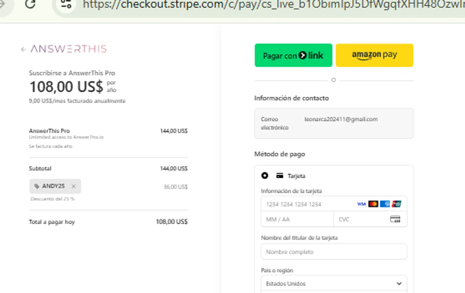 AnswerThis promo code screenshot showing code ANDY25 applied at AnswerThis checkout page. Uploaded by SimplyCodes community member RewardFinder4836 on Jan 29, 2026