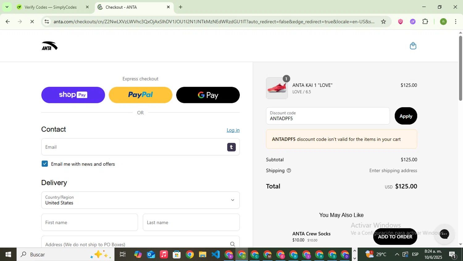 ANTA US promo code screenshot showing code ANTADPF5 applied at ANTA US checkout page. Uploaded by SimplyCodes community member SwiftSaver6197 on Jun 10, 2025