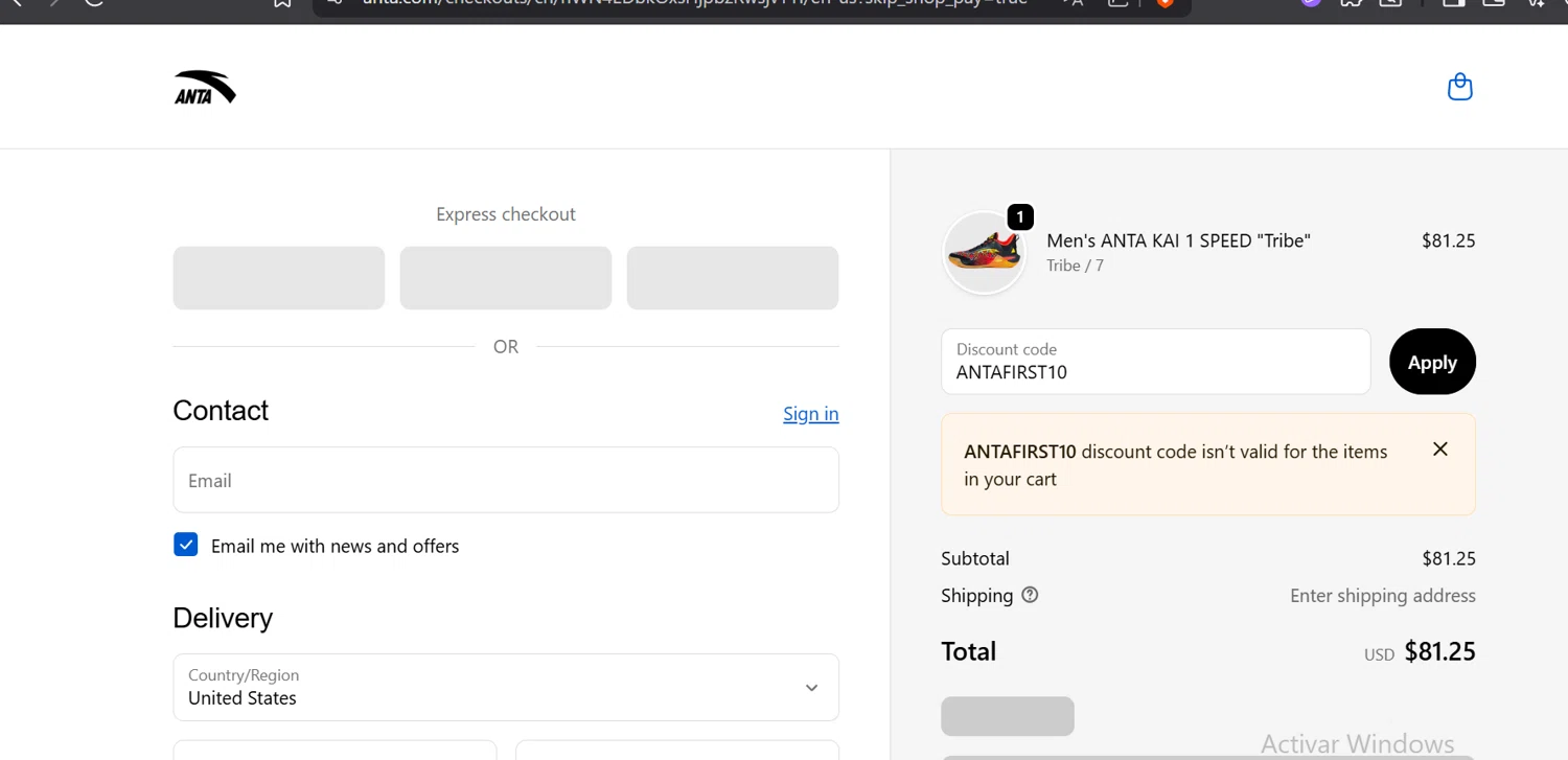ANTA US promo code screenshot showing code ANTAFIRST10 applied at ANTA US checkout page. Uploaded by SimplyCodes community member CoinOwl5103 on Oct 17, 2025