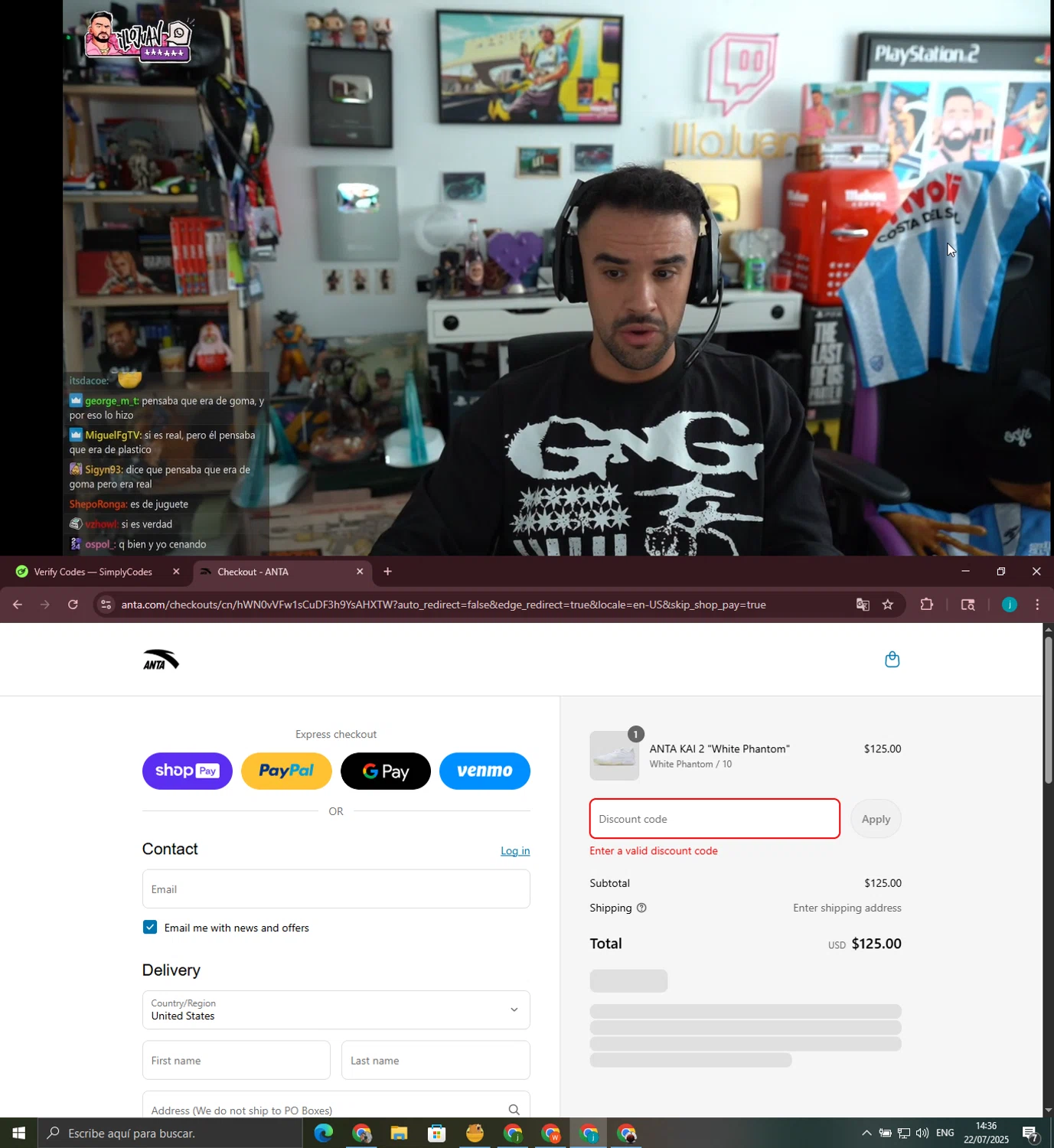 ANTA US promo code screenshot showing code CCD4BB1 applied at ANTA US checkout page. Uploaded by SimplyCodes community member juanjo2 on Jul 22, 2025