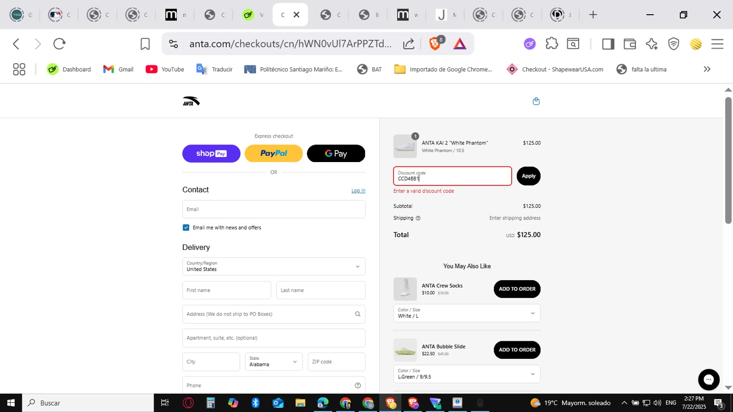 ANTA US promo code screenshot showing code CCD4BB1 applied at ANTA US checkout page. Uploaded by SimplyCodes community member conorgrey on Jul 22, 2025