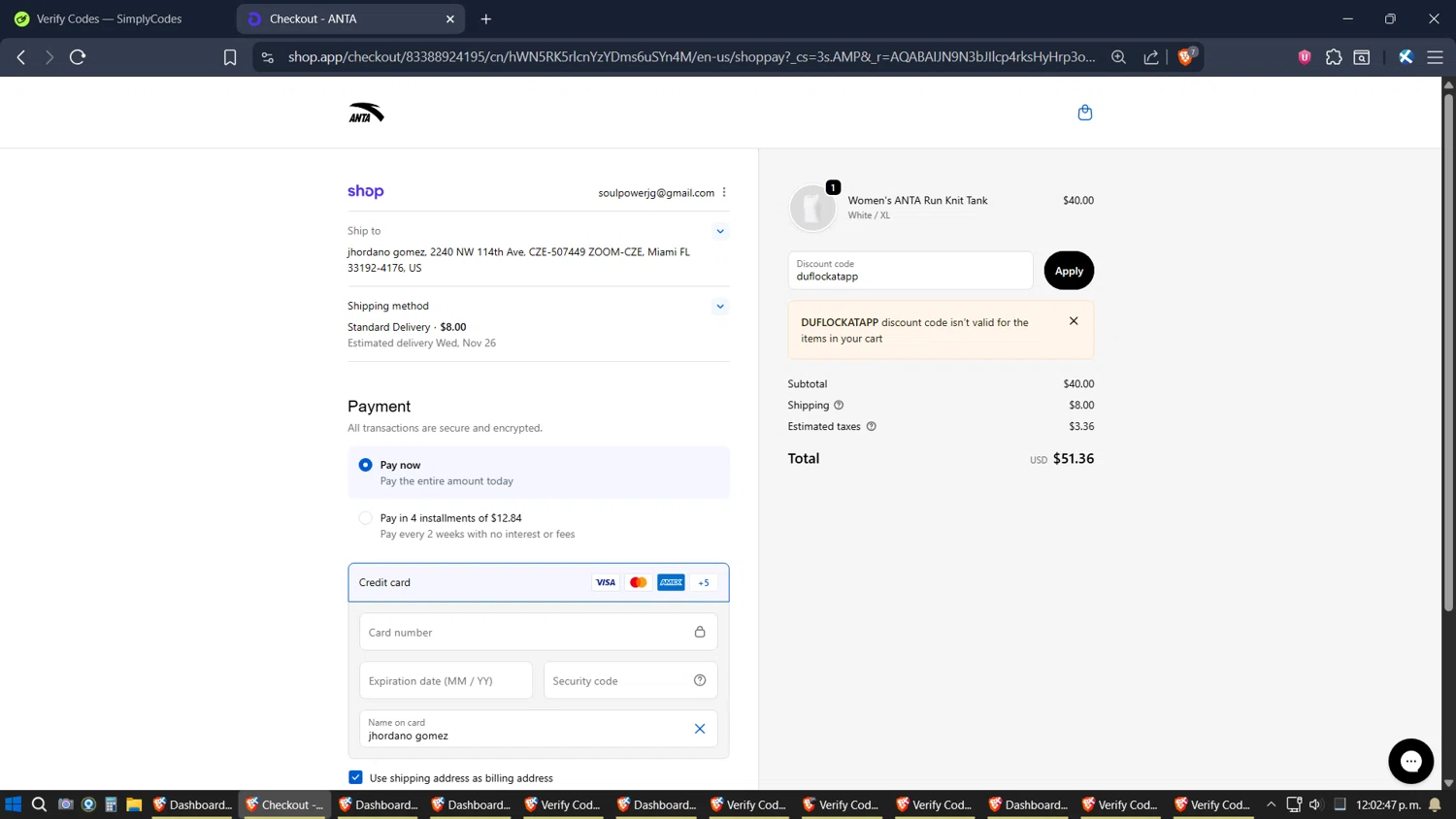 ANTA US promo code screenshot showing code duflockatapp applied at ANTA US checkout page. Uploaded by SimplyCodes community member verifier_983798000 on Nov 18, 2025