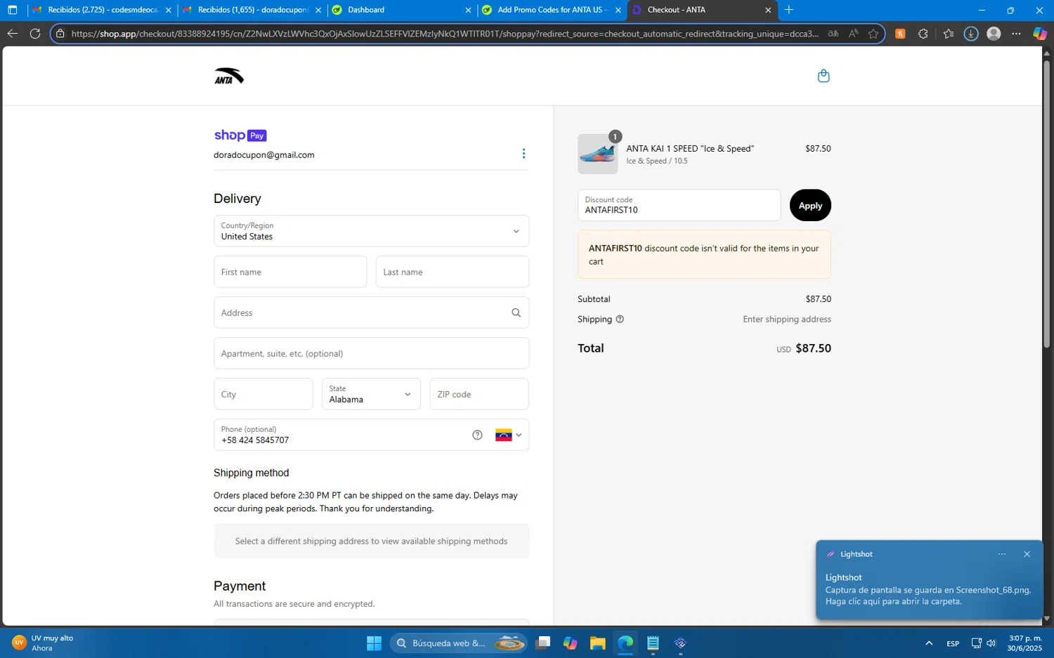 ANTA US promo code screenshot showing code ANTAFIRST10 applied at ANTA US checkout page. Uploaded by SimplyCodes community member Mdeoca on Jun 30, 2025