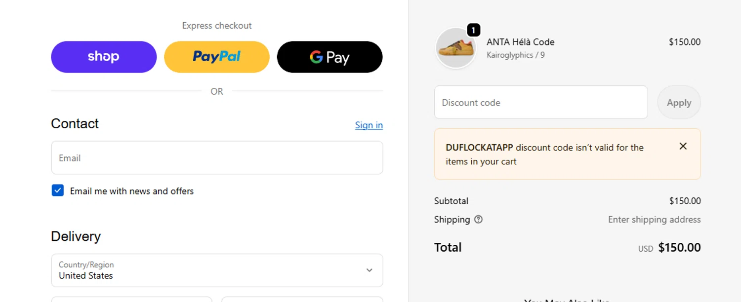 ANTA US promo code screenshot showing code duflockatapp applied at ANTA US checkout page. Uploaded by SimplyCodes community member ashe1986 on Nov 18, 2025