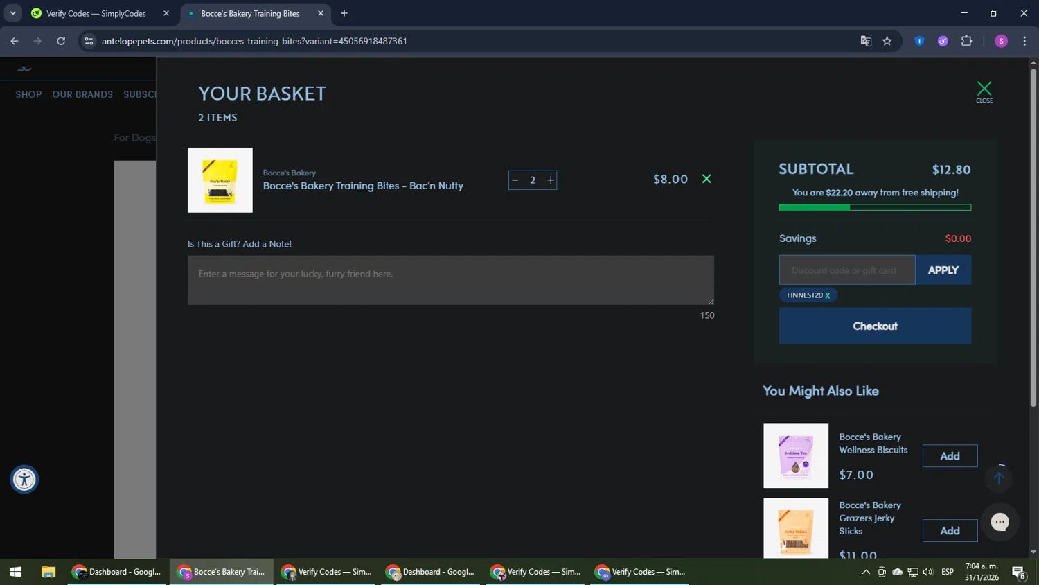 Antelope Pets promo code screenshot showing code FINNEST20 applied at Antelope Pets checkout page. Uploaded by SimplyCodes community member Son_Goku on Jan 31, 2026