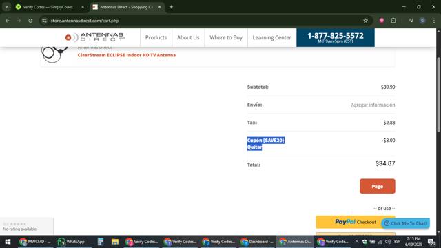 Antennas Direct checkout page showing Antennas Direct coupon code box | Screenshot taken by SimplyCodes community member on Jun 19, 2025