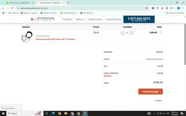 Antennas Direct checkout page showing Antennas Direct coupon code box | Screenshot taken by SimplyCodes community member on Jun 19, 2025