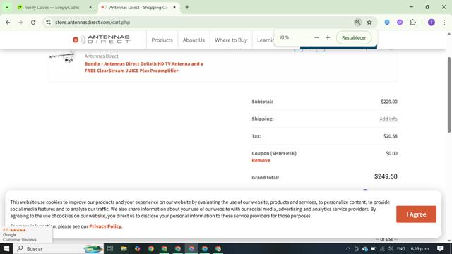 Antennas Direct checkout page showing Antennas Direct coupon code box | Screenshot taken by SimplyCodes community member on Jun 19, 2025