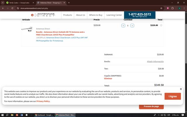 Antennas Direct checkout page showing Antennas Direct coupon code box | Screenshot taken by SimplyCodes community member on Sep 12, 2025
