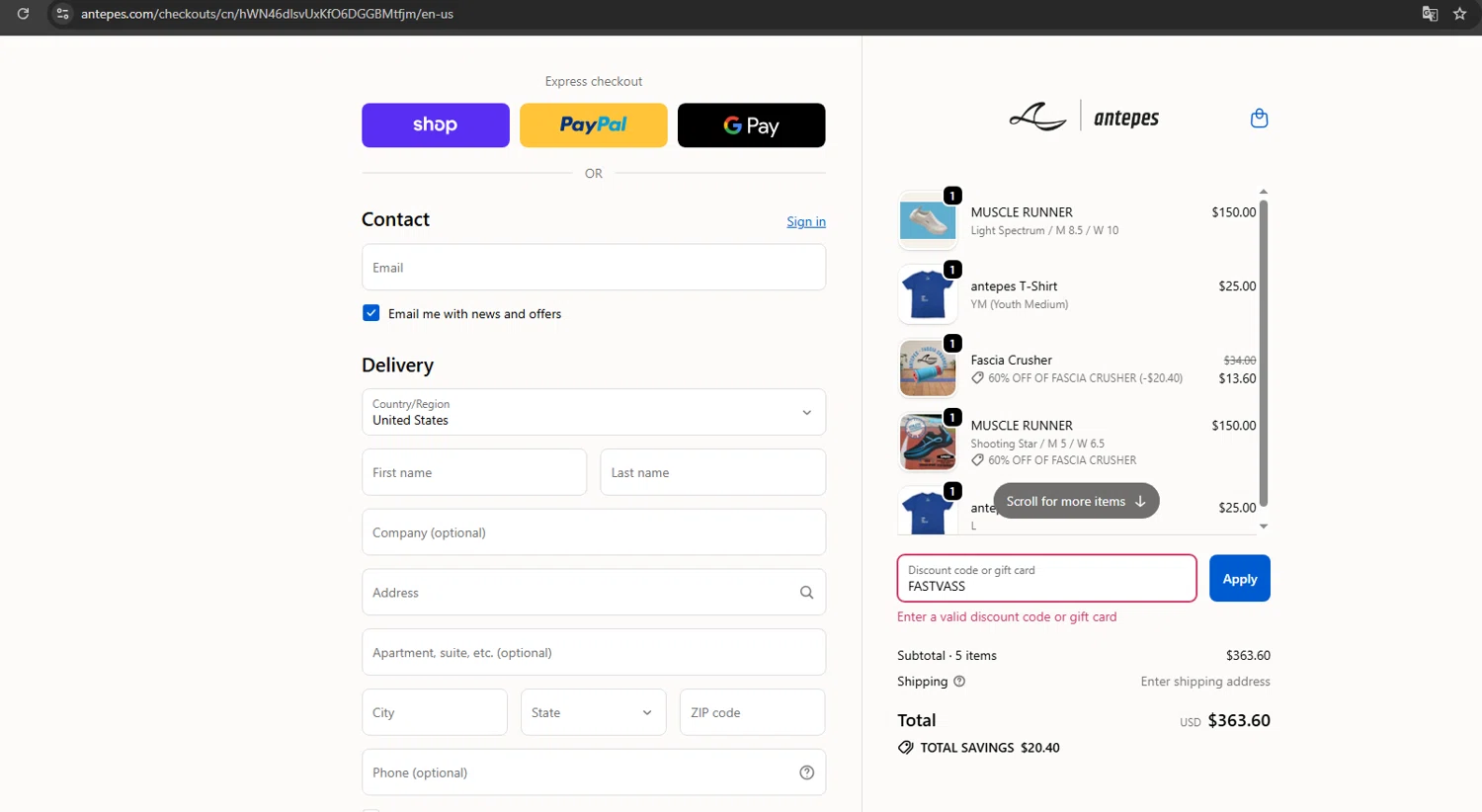 antepes promo code screenshot showing code FASTVASS applied at antepes checkout page. Uploaded by SimplyCodes community member danielgonzalez5 on Oct 14, 2025