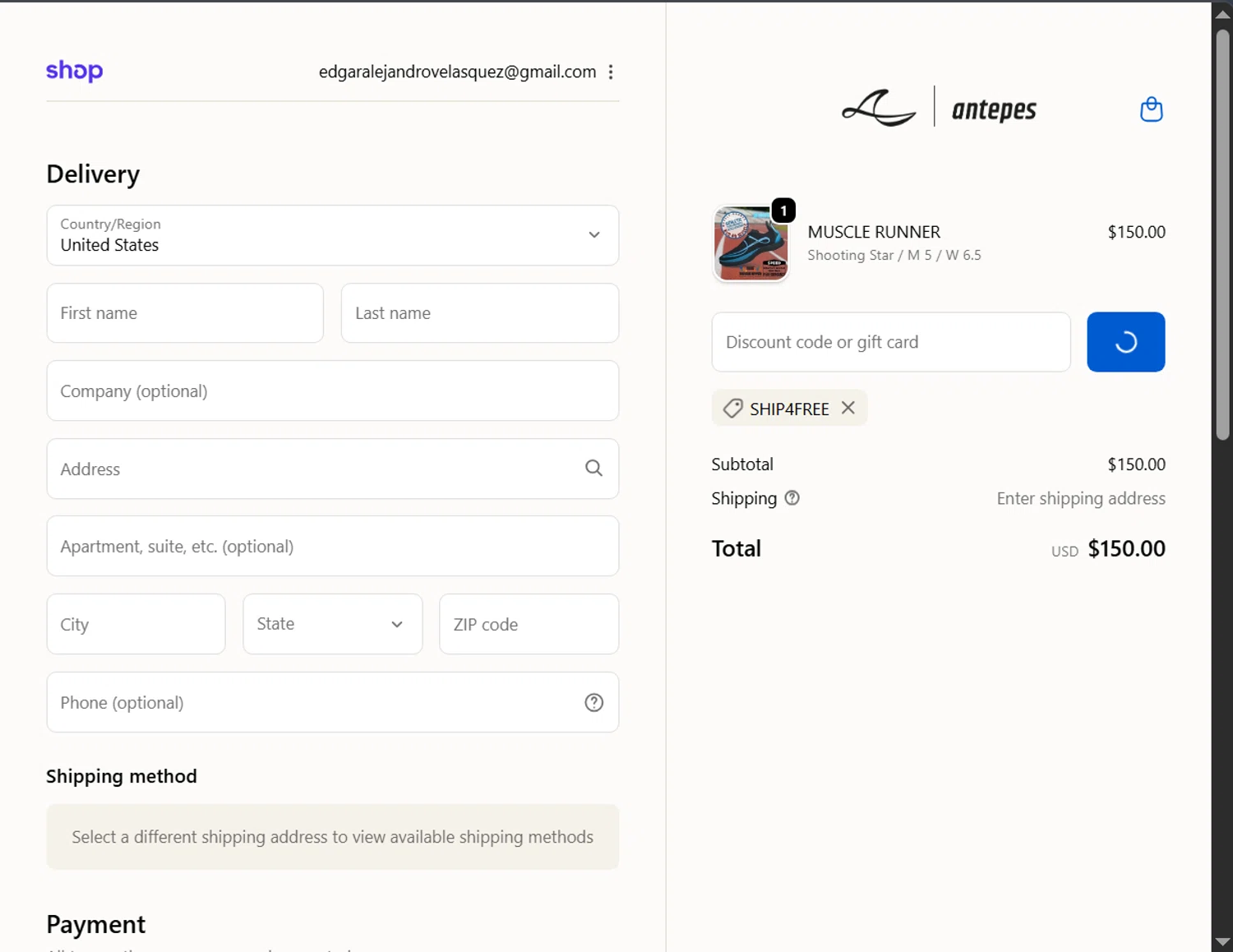 antepes promo code screenshot showing code SHIP4FREE applied at antepes checkout page. Uploaded by SimplyCodes community member ValiantLion5897 on Oct 28, 2025