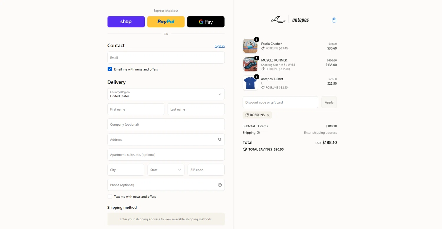 antepes promo code screenshot showing code ROBRUNS applied at antepes checkout page. Uploaded by SimplyCodes community member vctr7w7x on Oct 27, 2025