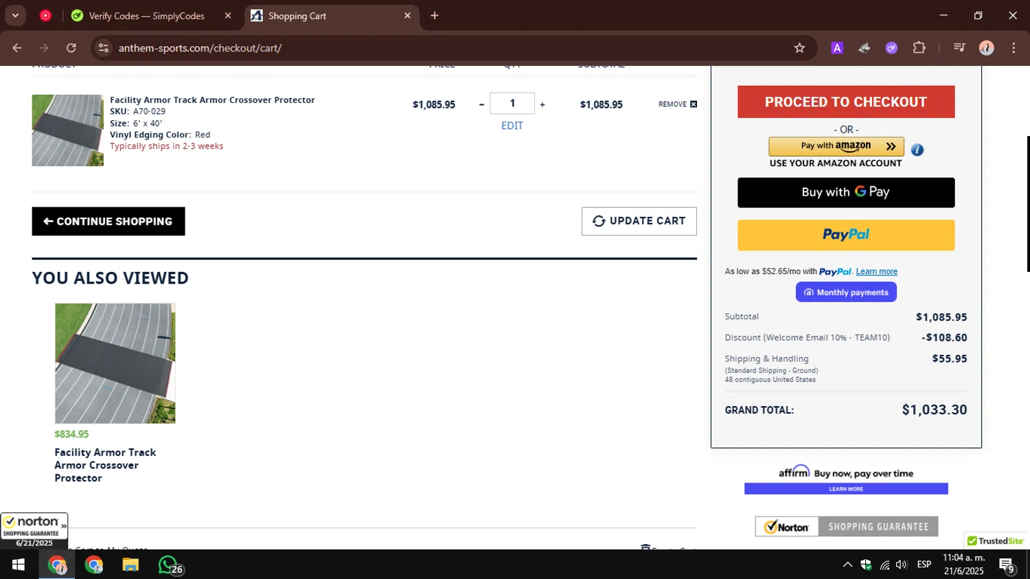Anthem Sports coupon code screenshot showing code TEAM10 applied at Anthem Sports checkout page. Uploaded by SimplyCodes community member AbusaGordas on Jun 21, 2025