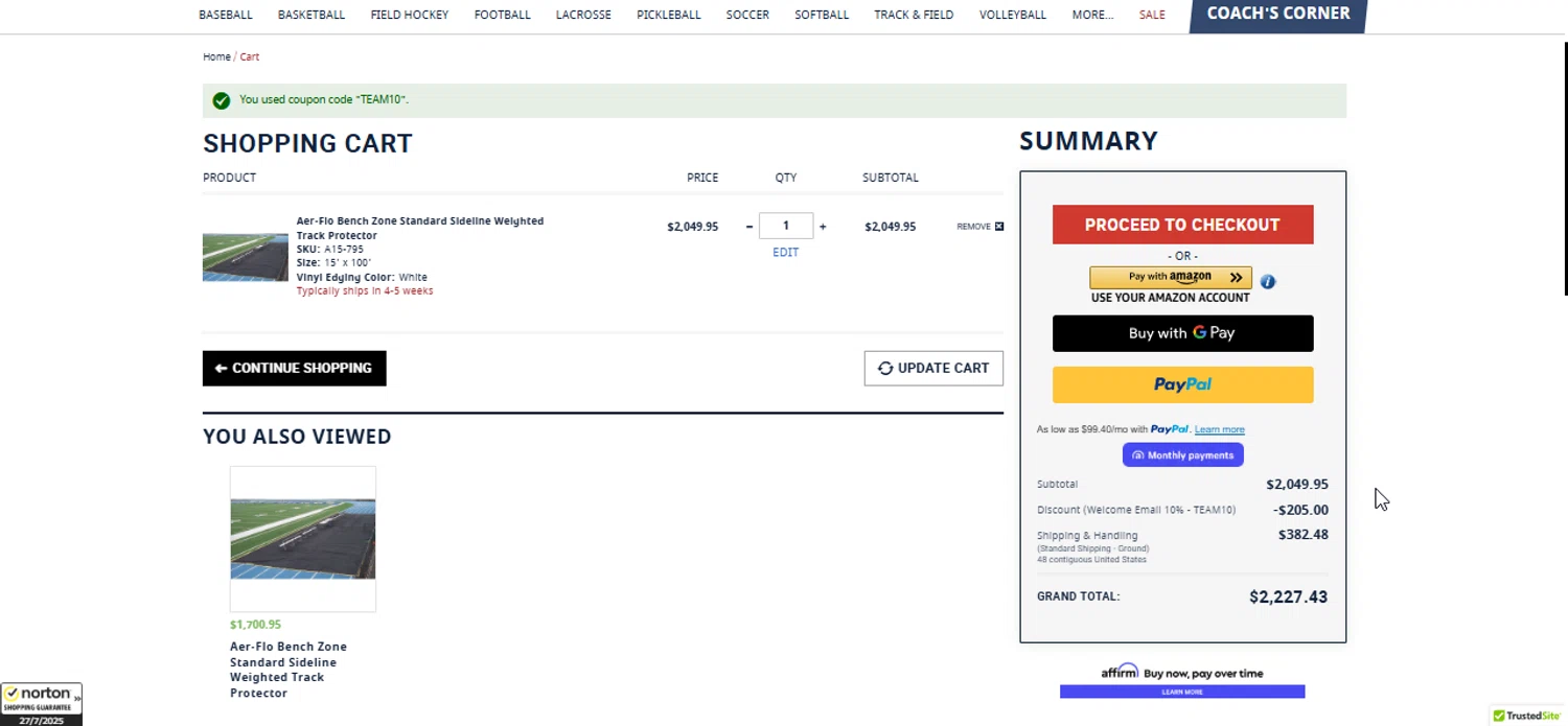 Anthem Sports coupon code screenshot showing code TEAM10 applied at Anthem Sports checkout page. Uploaded by SimplyCodes community member Bendito on Jul 27, 2025