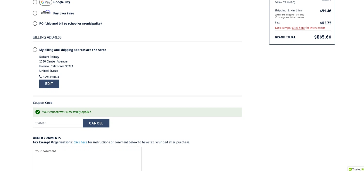 Anthem Sports coupon code screenshot showing code TEAM10 applied at Anthem Sports checkout page. Uploaded by SimplyCodes community member MagnificentCurator5441 on May 24, 2025