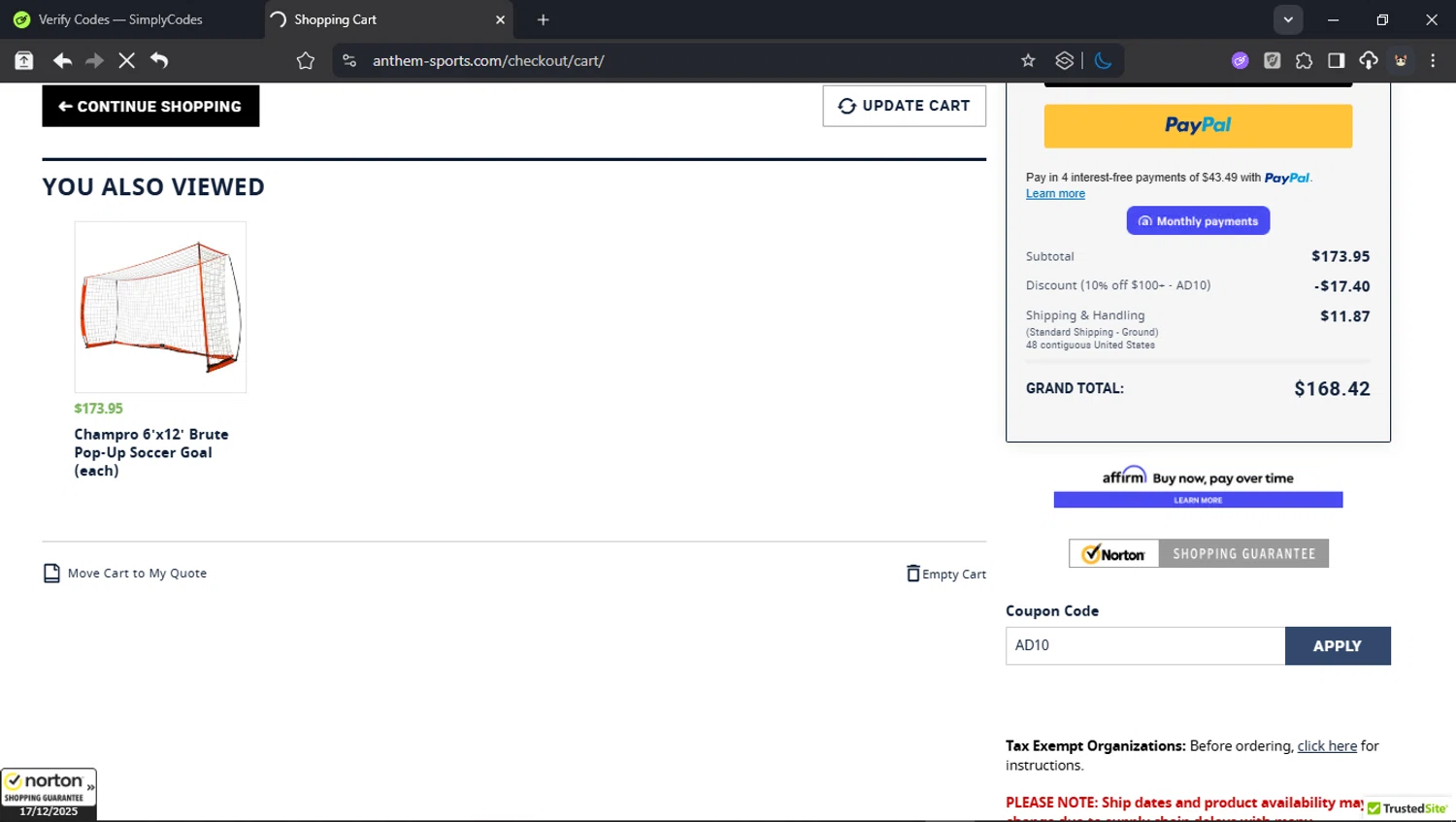 Anthem Sports checkout page showing Anthem Sports coupon code box | Screenshot taken by SimplyCodes community member on Dec 17, 2025