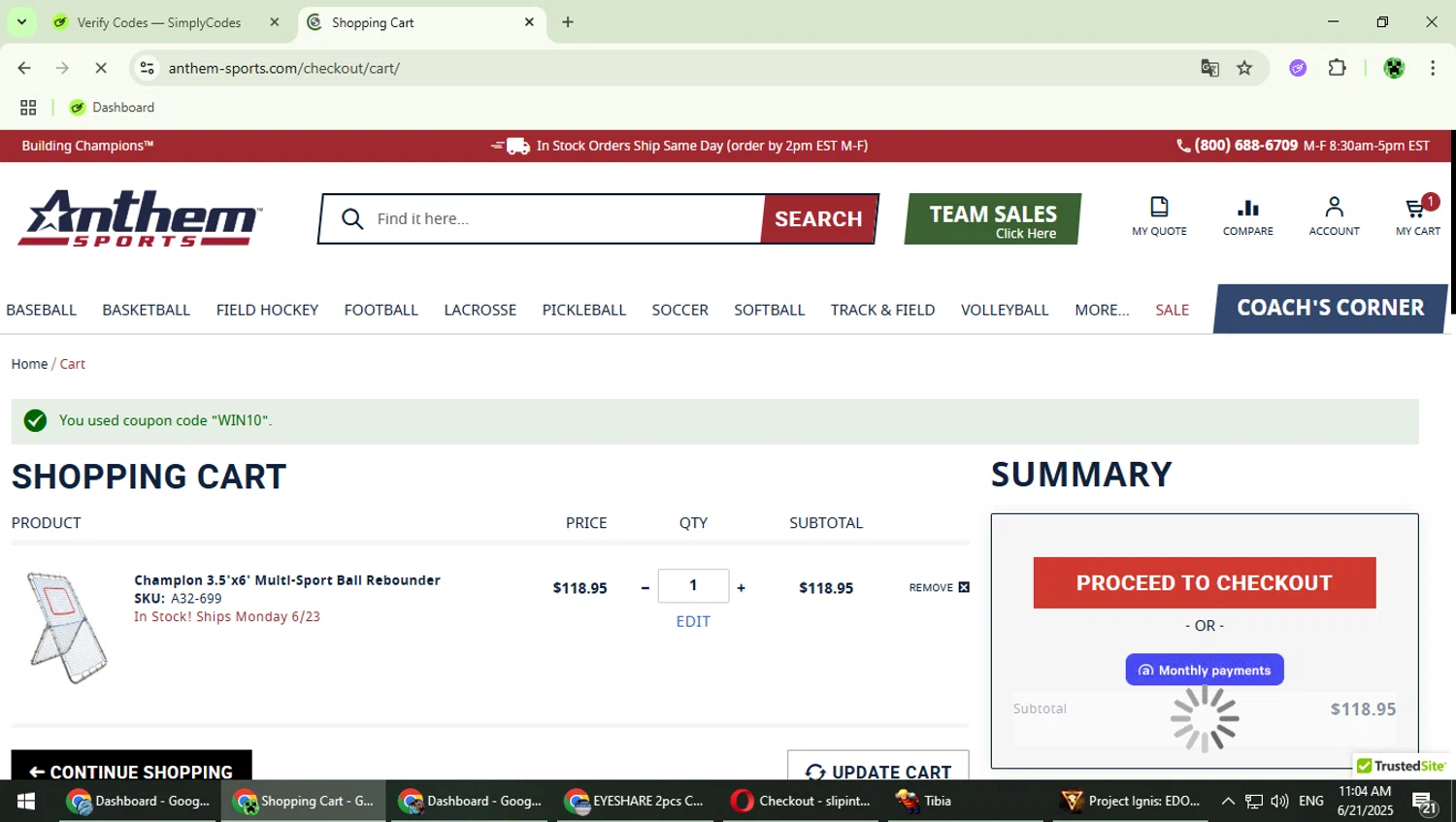 Anthem Sports coupon code screenshot showing code WIN10 applied at Anthem Sports checkout page. Uploaded by SimplyCodes community member MaitoGai on Jun 21, 2025