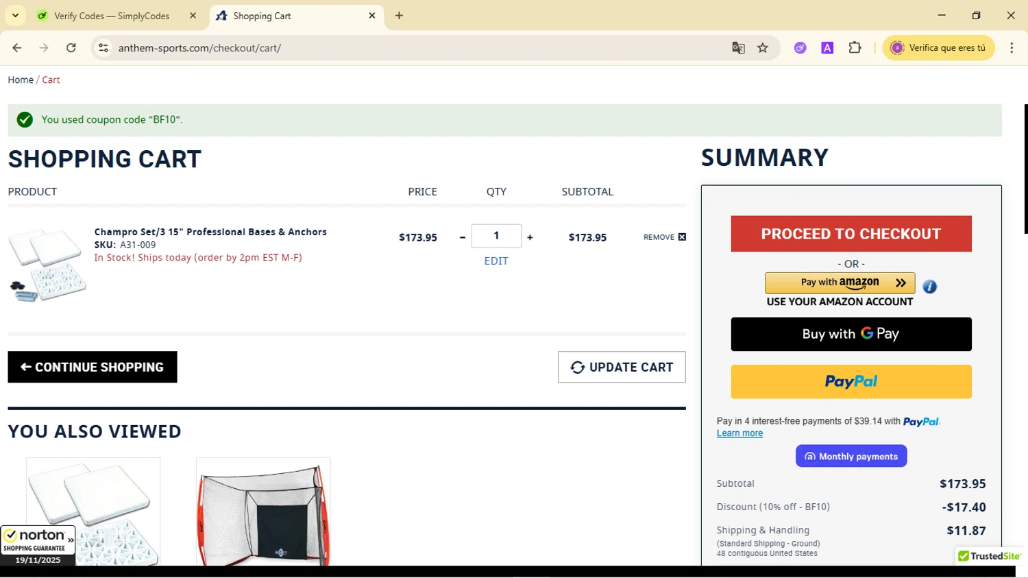 Anthem Sports checkout page showing Anthem Sports coupon code box | Screenshot taken by SimplyCodes community member on Nov 19, 2025