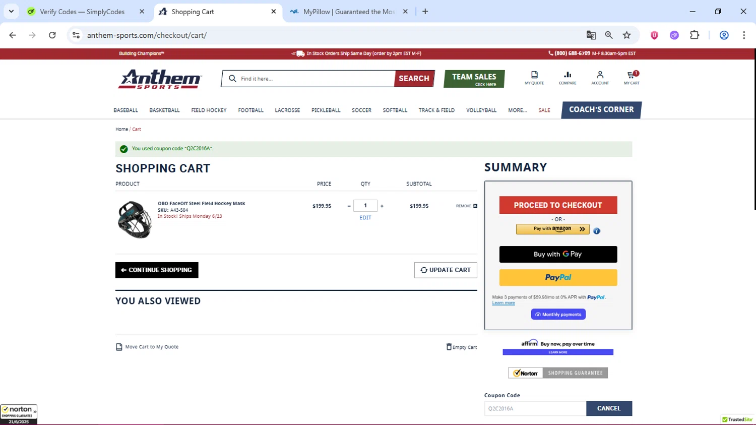 Anthem Sports coupon code screenshot showing code Q2C2016A applied at Anthem Sports checkout page. Uploaded by SimplyCodes community member dolce_codmax213 on Jun 21, 2025