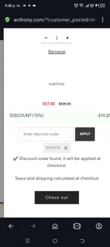 Shop15 coupon verification screenshot
