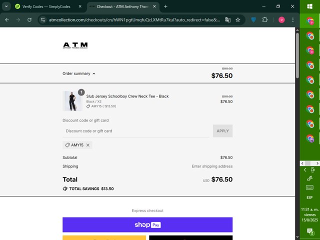 ATM Anthony Thomas Mellilo checkout page showing ATM Anthony Thomas Mellilo promo code box | Screenshot taken by SimplyCodes community member on Aug 15, 2025