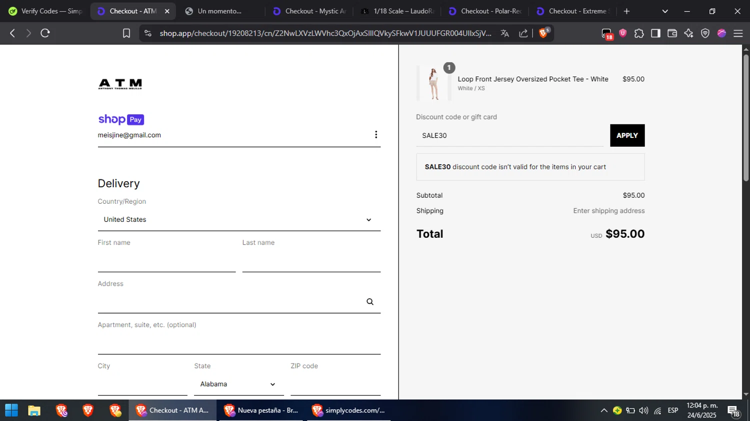 ATM Anthony Thomas Mellilo promo code screenshot showing code SALE30 applied at ATM Anthony Thomas Mellilo checkout page. Uploaded by SimplyCodes community member Chinito0209 on Jun 24, 2025