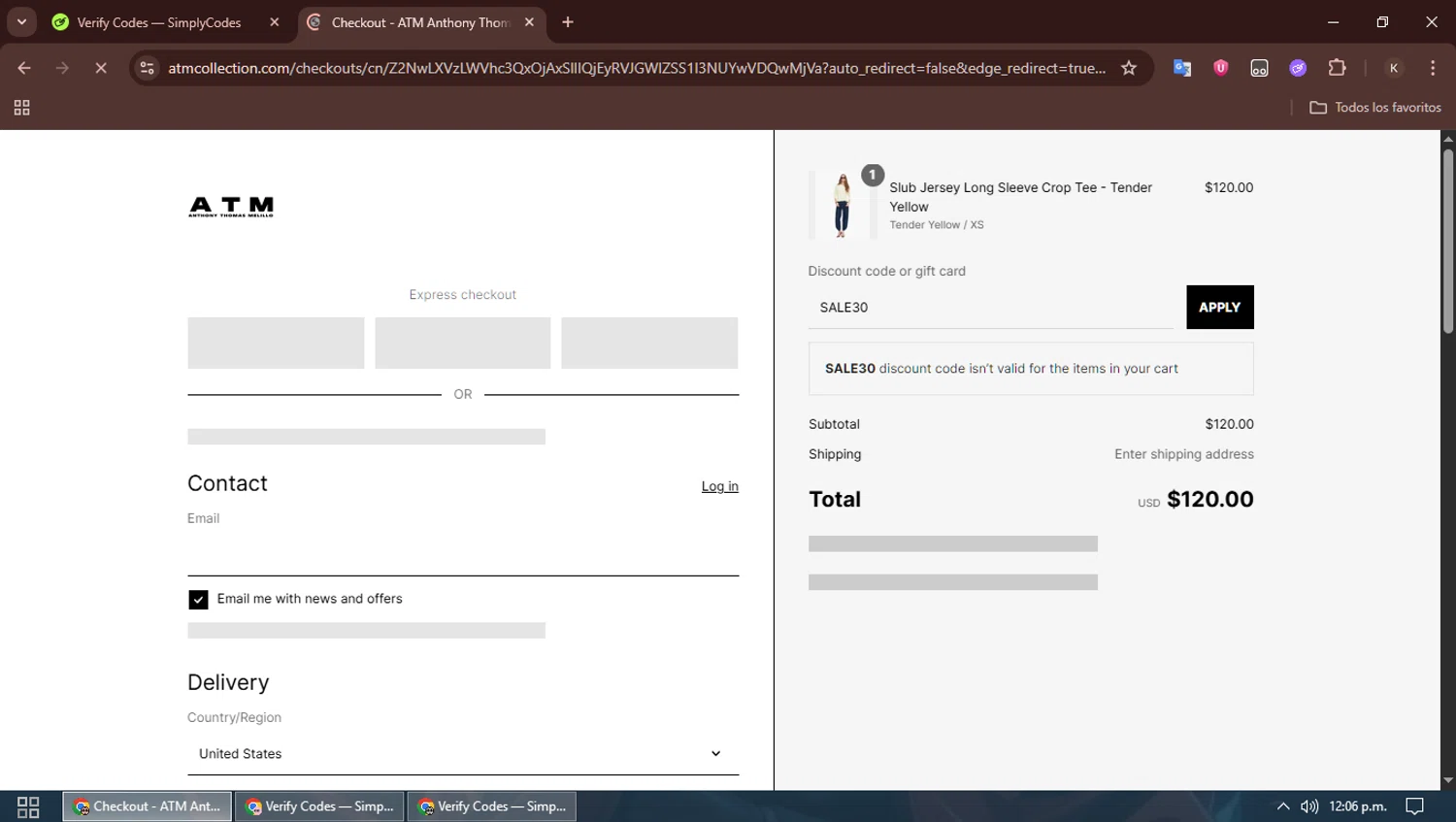 ATM Anthony Thomas Mellilo promo code screenshot showing code SALE30 applied at ATM Anthony Thomas Mellilo checkout page. Uploaded by SimplyCodes community member SavingsBoss991 on Jun 24, 2025