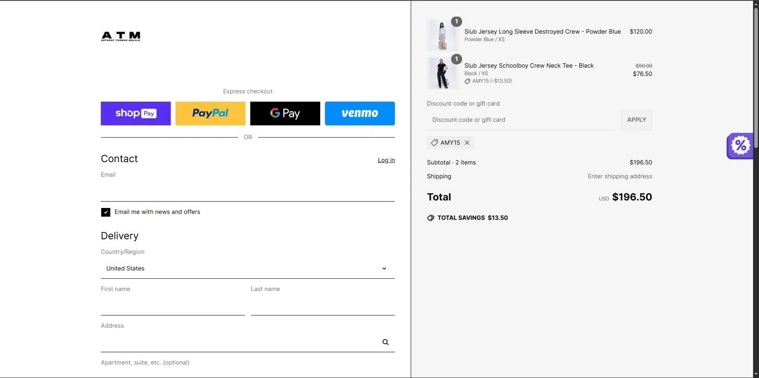 ATM Anthony Thomas Mellilo promo code screenshot showing code AMY15 applied at ATM Anthony Thomas Mellilo checkout page. Uploaded by SimplyCodes community member Depressive on May 21, 2025