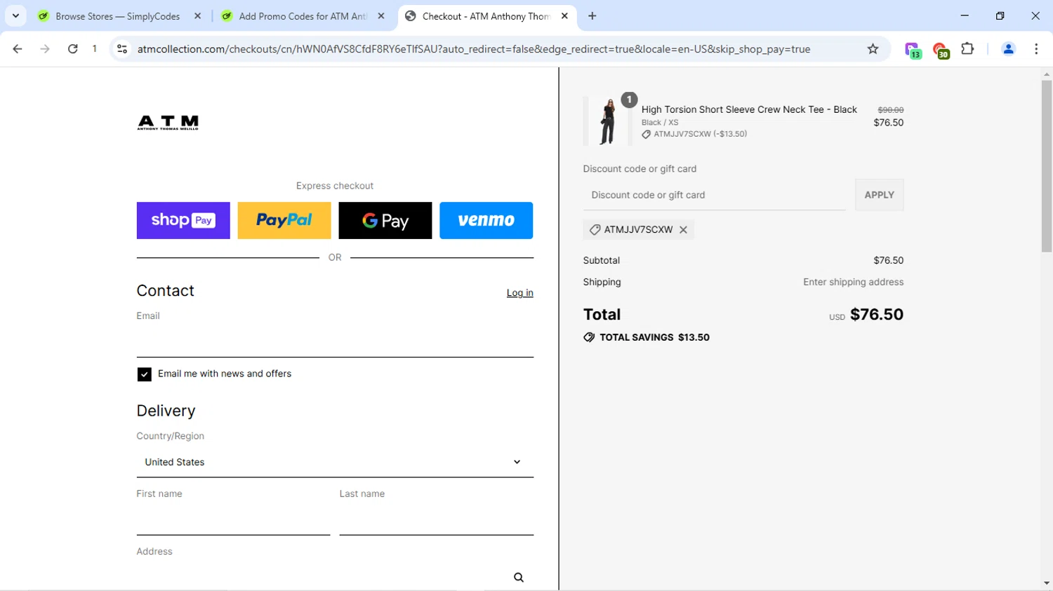 ATM Anthony Thomas Mellilo promo code screenshot showing code ATMJJV7SCXW applied at ATM Anthony Thomas Mellilo checkout page. Uploaded by SimplyCodes community member Dizlike2025 on Jul 2, 2025