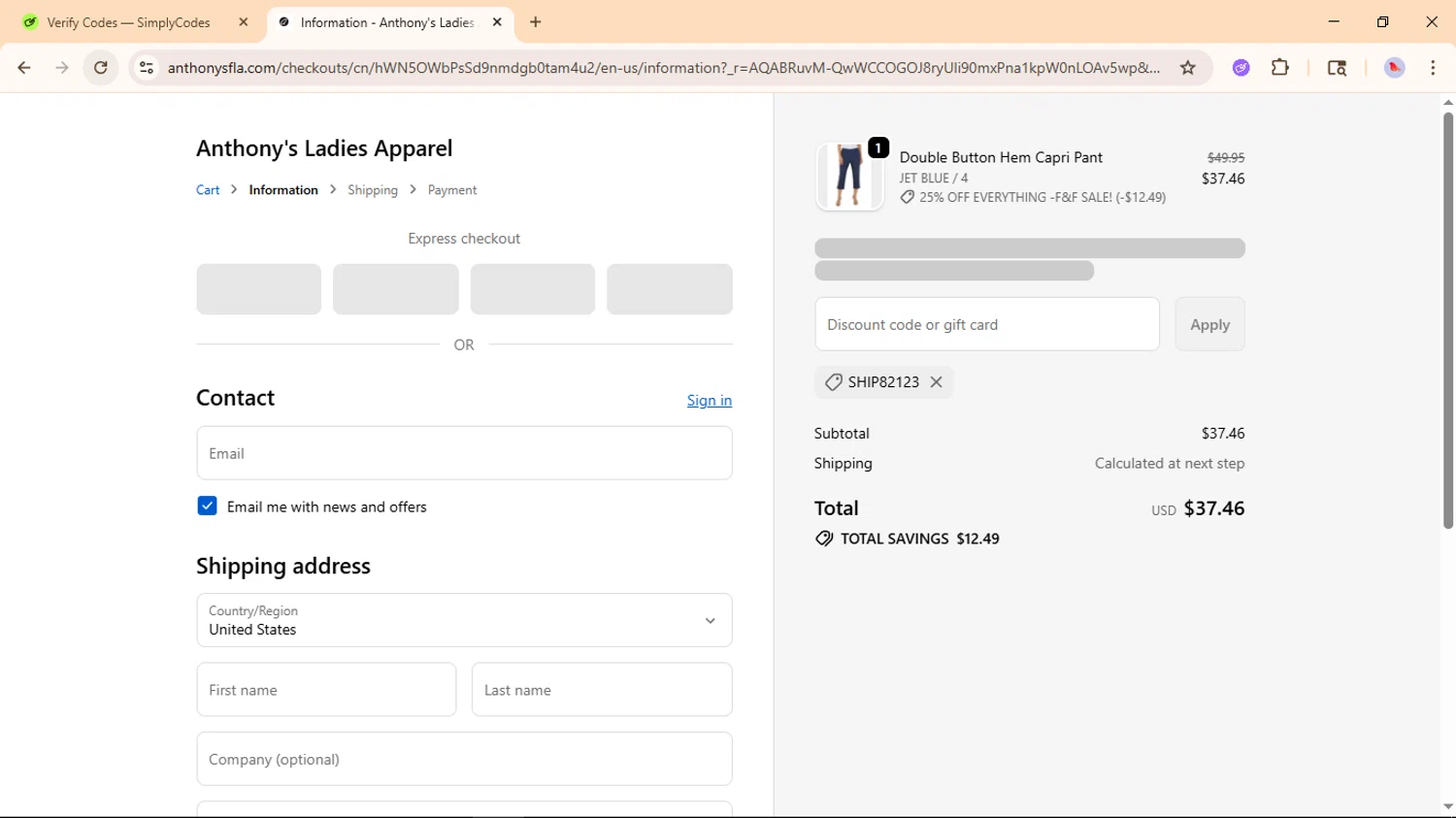 Anthony's Ladies Apparel promo code screenshot showing code SHIP82123 applied at Anthony's Ladies Apparel checkout page. Uploaded by SimplyCodes community member ValueFox5508 on Nov 17, 2025