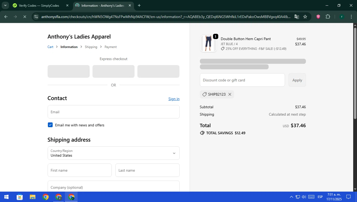Anthony's Ladies Apparel promo code screenshot showing code SHIP82123 applied at Anthony's Ladies Apparel checkout page. Uploaded by SimplyCodes community member rodri1 on Nov 17, 2025