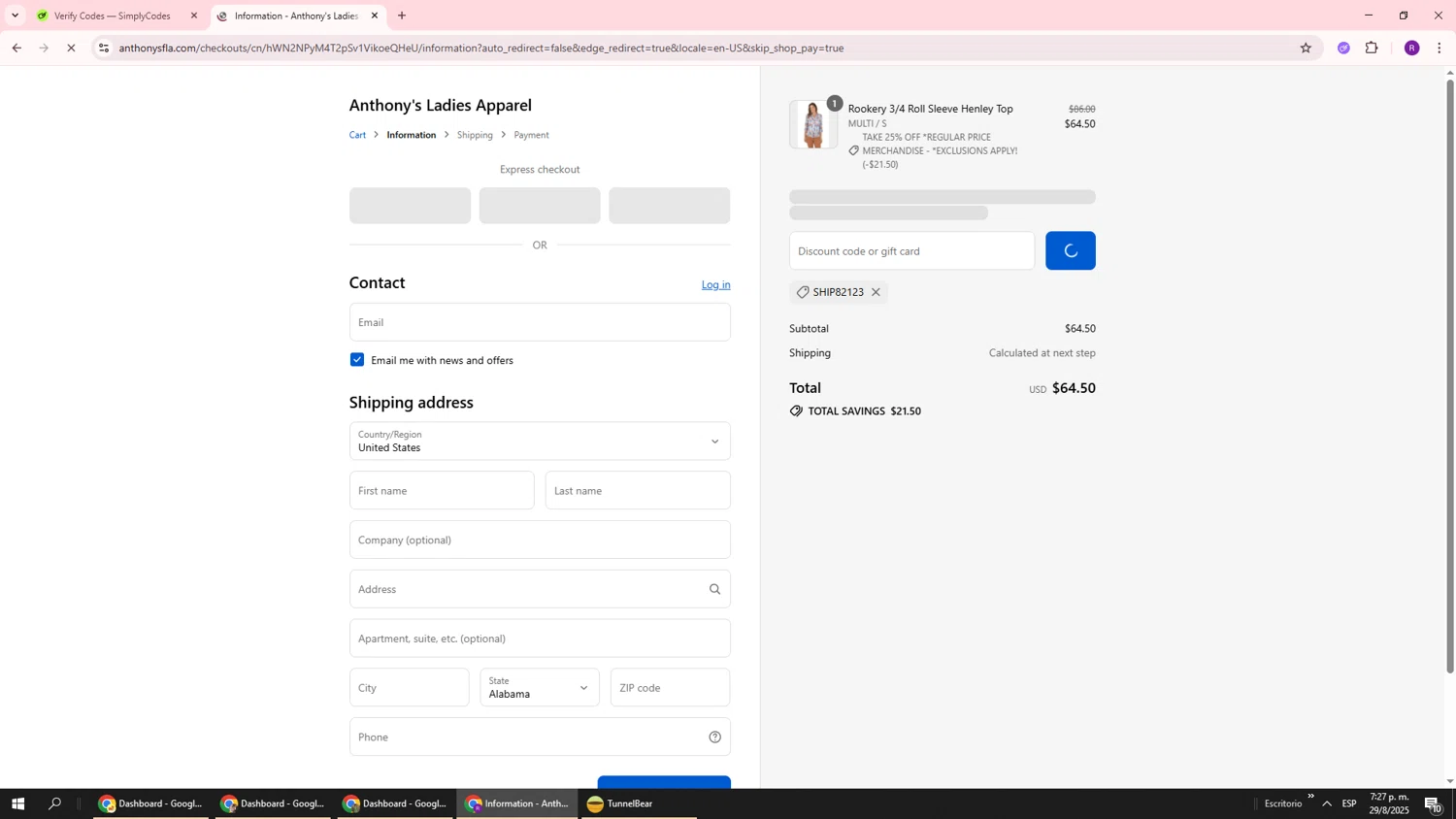 Anthony's Ladies Apparel promo code screenshot showing code SHIP82123 applied at Anthony's Ladies Apparel checkout page. Uploaded by SimplyCodes community member ukemochi on Aug 29, 2025