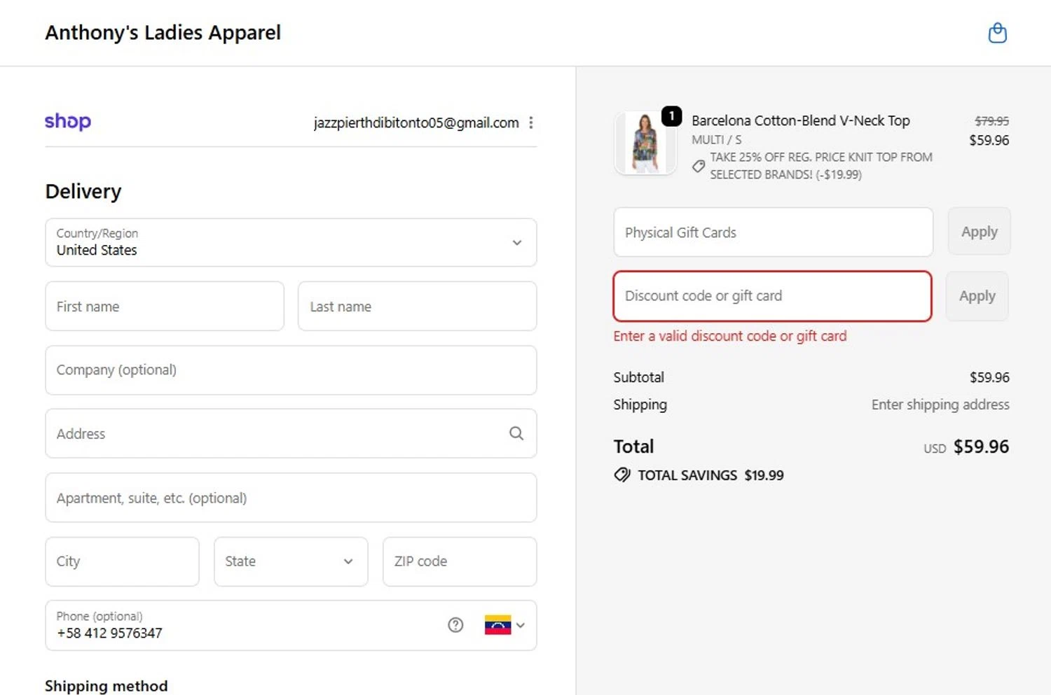 Anthony's Ladies Apparel promo code screenshot showing code 25%OFF applied at Anthony's Ladies Apparel checkout page. Uploaded by SimplyCodes community member FortunateScholar5901 on Oct 26, 2025