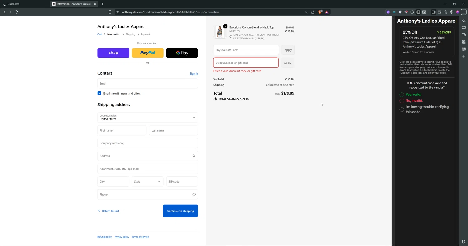 Anthony's Ladies Apparel promo code screenshot showing code 25%OFF applied at Anthony's Ladies Apparel checkout page. Uploaded by SimplyCodes community member ValiantTiger4704 on Oct 26, 2025