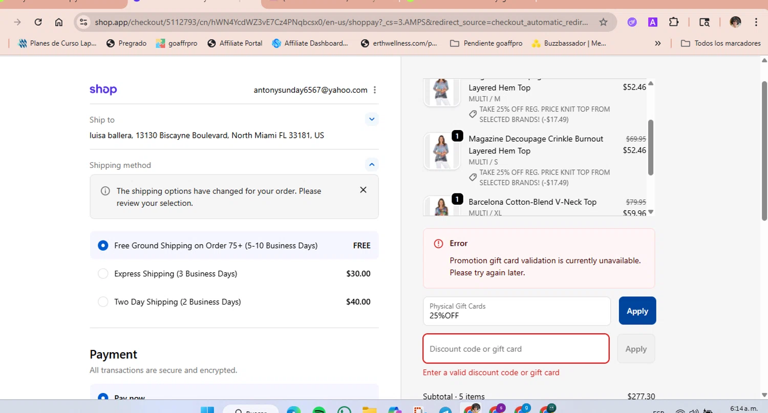 Anthony's Ladies Apparel promo code screenshot showing code 25%OFF applied at Anthony's Ladies Apparel checkout page. Uploaded by SimplyCodes community member luisaballera on Oct 26, 2025