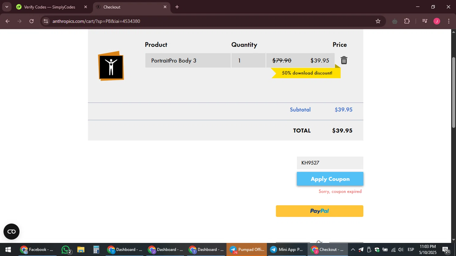 Anthropics discount code screenshot showing code KH9527 applied at Anthropics checkout page. Uploaded by SimplyCodes community member JackWilson63 on May 11, 2025