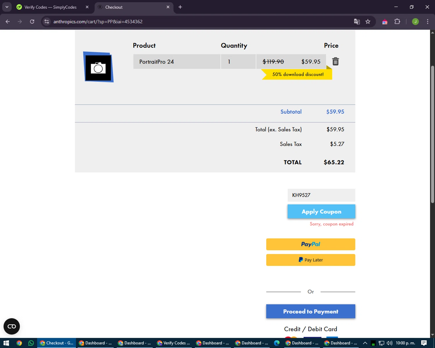 Anthropics discount code screenshot showing code KH9527 applied at Anthropics checkout page. Uploaded by SimplyCodes community member LilBaby on May 11, 2025