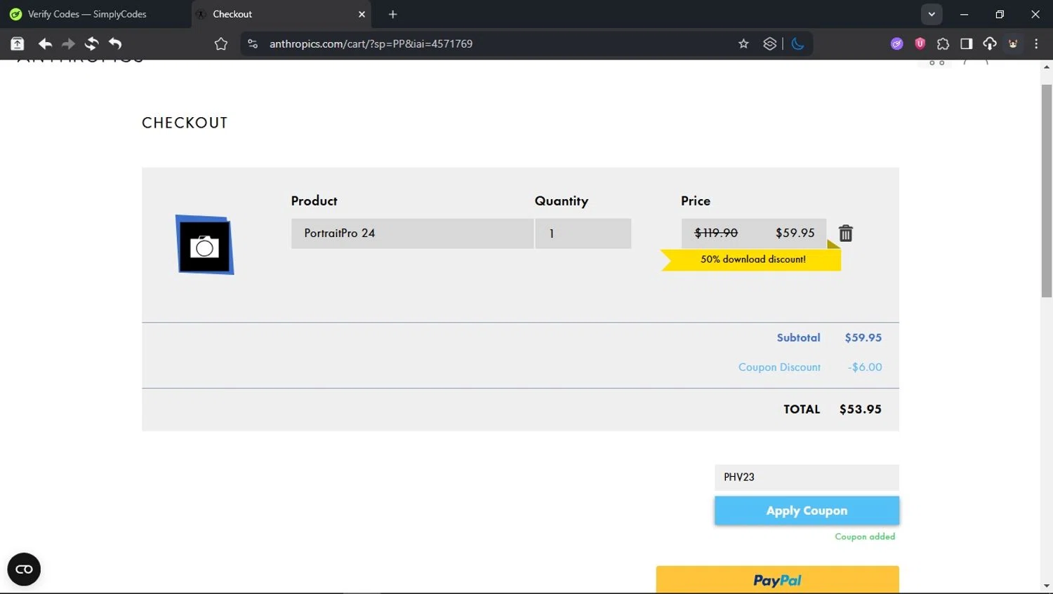 Anthropics discount code screenshot showing code PHV23 applied at Anthropics checkout page. Uploaded by SimplyCodes community member domain on Jun 29, 2025