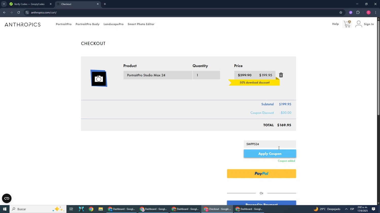 Anthropics checkout page showing Anthropics discount code box | Screenshot taken by SimplyCodes community member on Sep 17, 2025