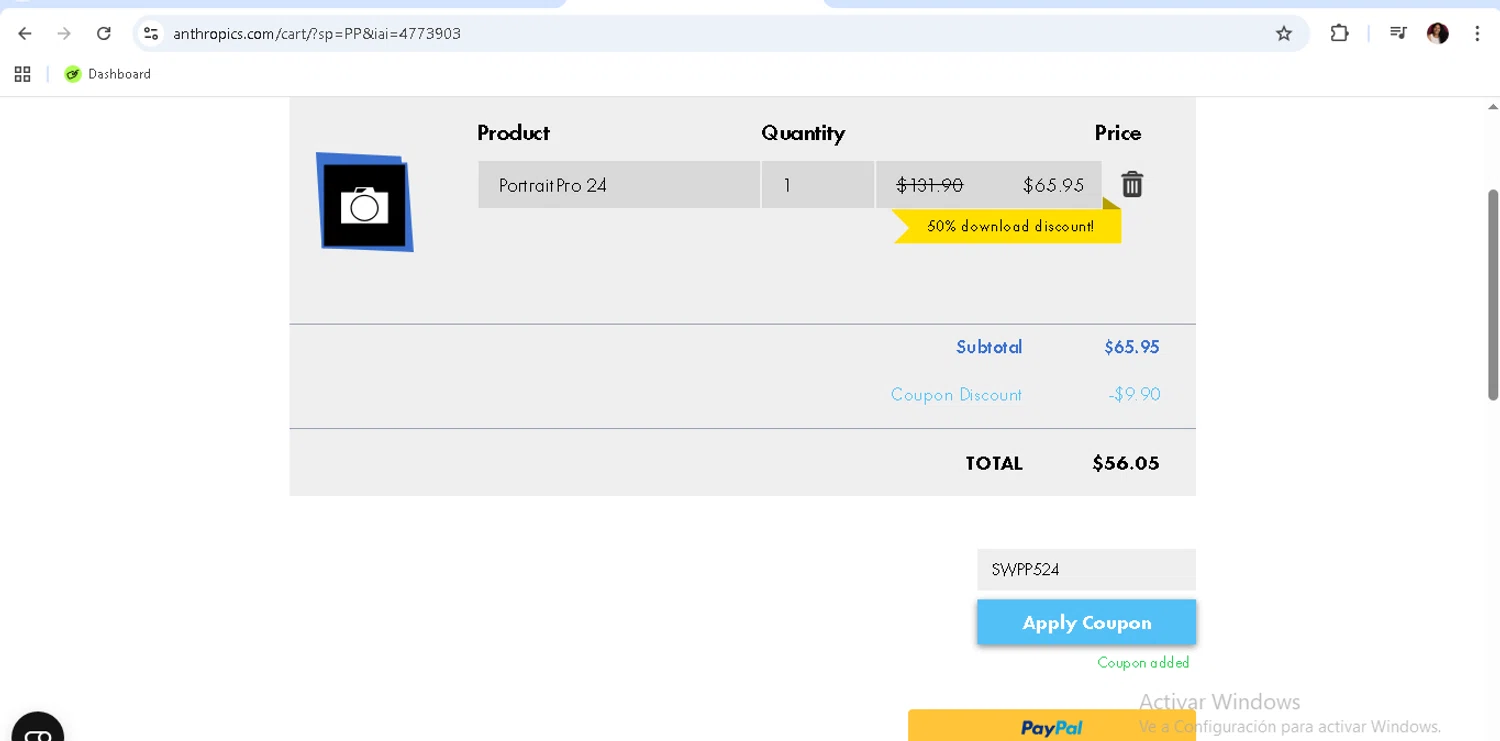 Anthropics discount code screenshot showing code SWPP524 applied at Anthropics checkout page. Uploaded by SimplyCodes community member monicacaraballo on Dec 7, 2025