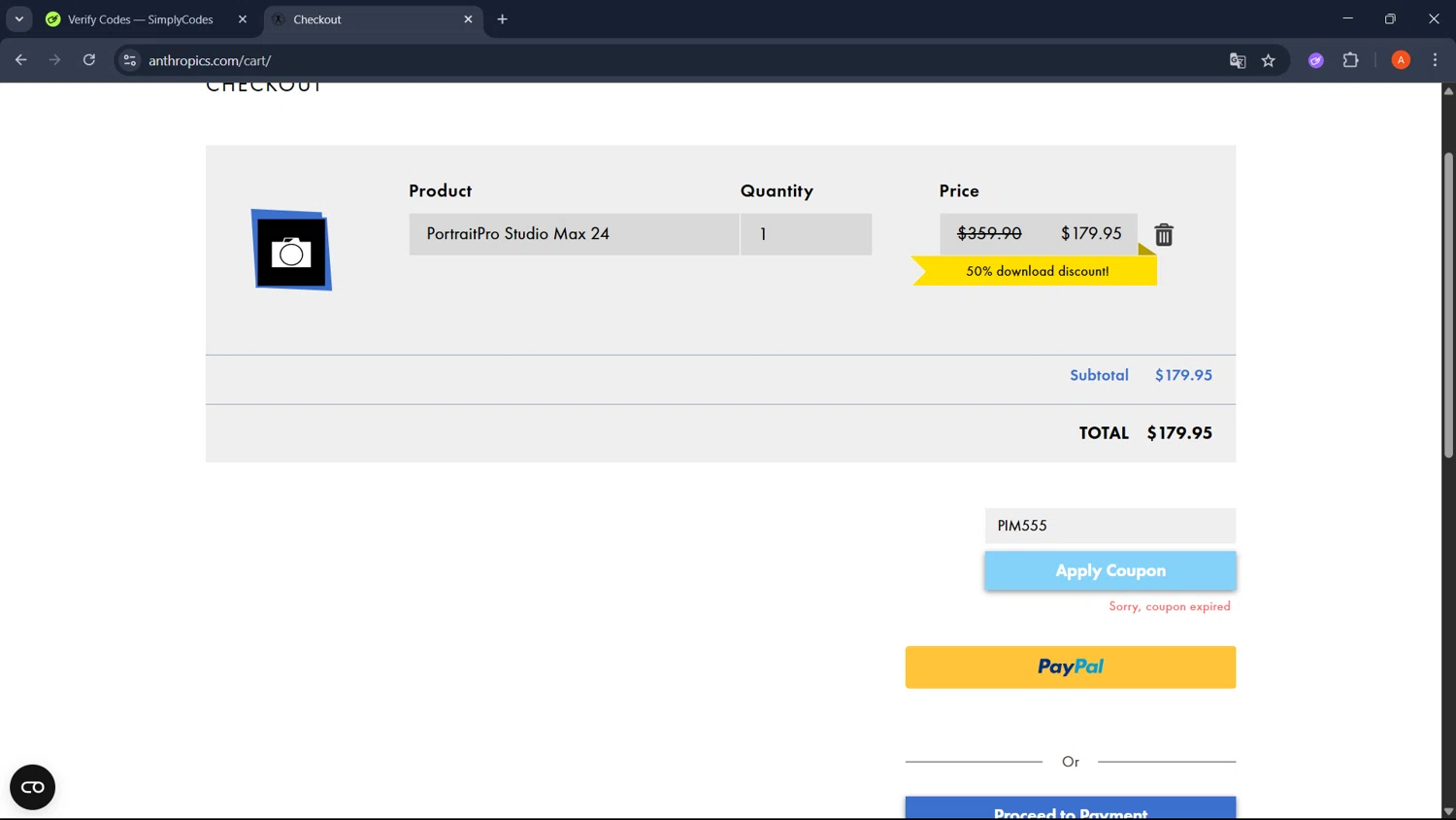 Anthropics discount code screenshot showing code PIM555 applied at Anthropics checkout page. Uploaded by SimplyCodes community member GoldChaser2970 on Jun 8, 2025