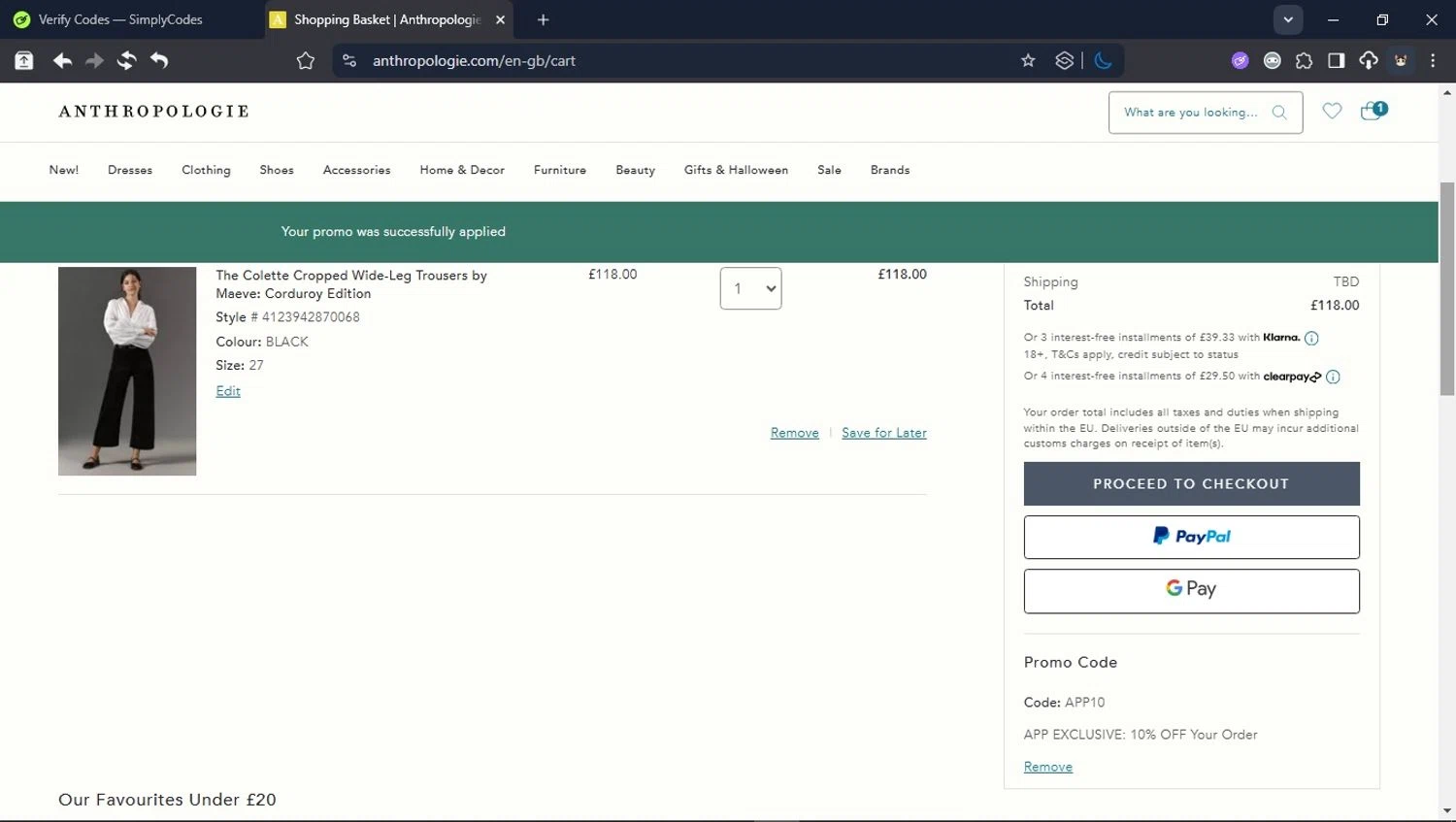 Anthropologie promo code screenshot showing code APP10 applied at Anthropologie checkout page. Uploaded by SimplyCodes community member PromoSpotter1784 on Aug 28, 2025
