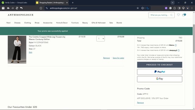Anthropologie checkout page showing Anthropologie promo code box | Screenshot taken by SimplyCodes community member on Aug 28, 2025