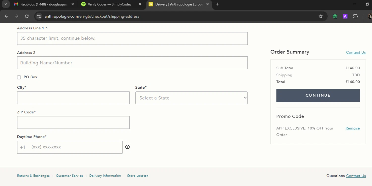Anthropologie promo code screenshot showing code APP10 applied at Anthropologie checkout page. Uploaded by SimplyCodes community member WiseLegend5590 on Aug 21, 2025