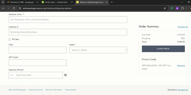 Anthropologie checkout page showing Anthropologie promo code box | Screenshot taken by SimplyCodes community member on Aug 21, 2025