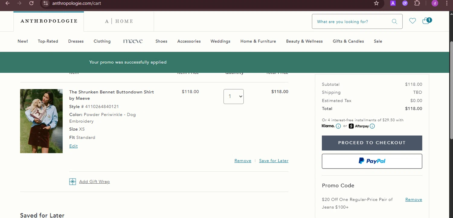 Anthropologie promo code screenshot showing code RWYRBG1O90 applied at Anthropologie checkout page. Uploaded by SimplyCodes community member PennyTiger4891 on Aug 9, 2025