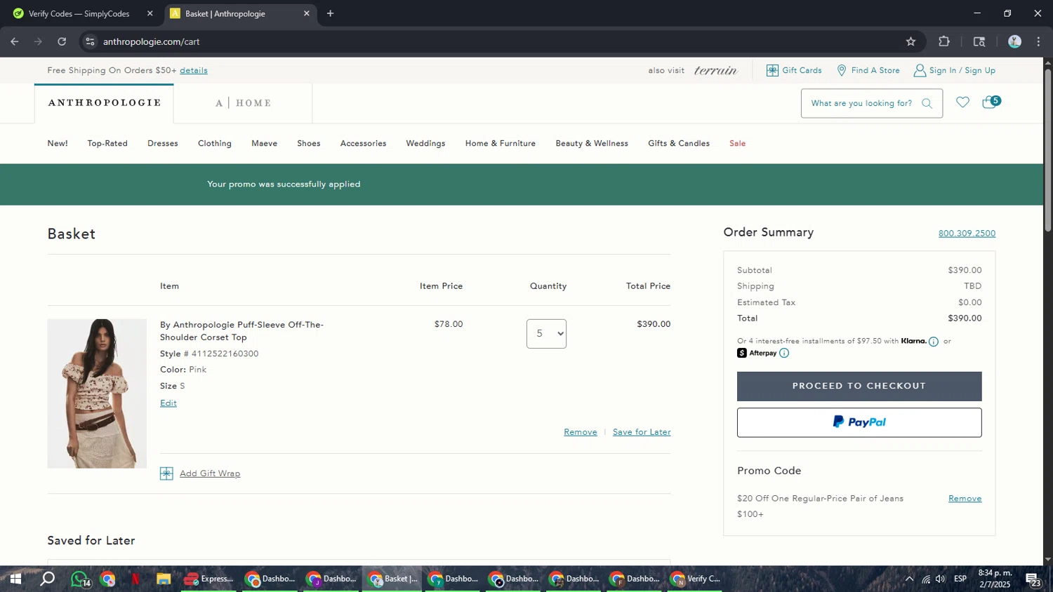 Anthropologie promo code screenshot showing code RWYRBG1O90 applied at Anthropologie checkout page. Uploaded by SimplyCodes community member ShrewdSeeker6165 on Jul 3, 2025