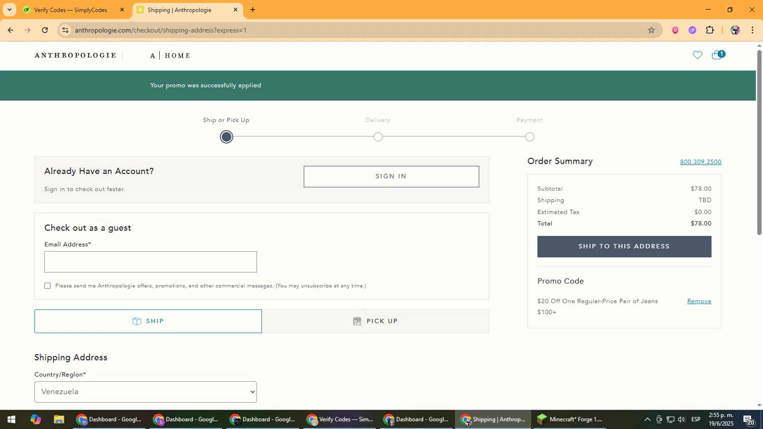 Anthropologie promo code screenshot showing code RWYRBG1O90 applied at Anthropologie checkout page. Uploaded by SimplyCodes community member Vanmanuel on Jun 19, 2025